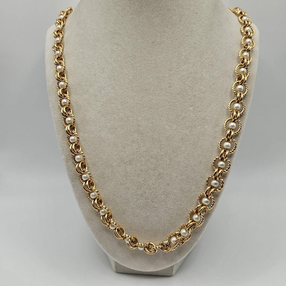 VINTAGE Gold Tone Chain Faux Pearl Strand Necklace